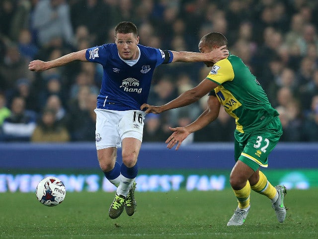James McCarthy of Everton is challenged by Vadis Odjidja-Ofoe of Norwich City during the Capital One Cup Fourth Round match between Everton and Norwich City at Goodison Park on October 27, 2015 in Liverpool, England.