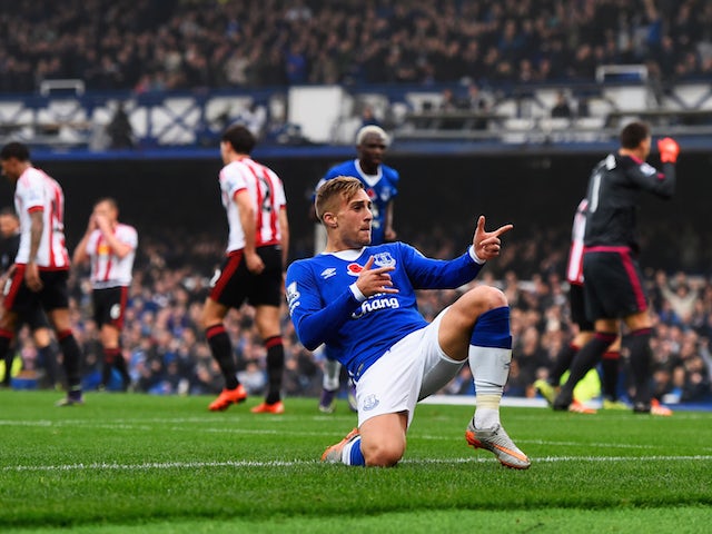 Gerard Deulofeu of Everton celebrates as he scores their first goal during the Barclays Premier League match between Everton and Sunderland at Goodison Park on November 1, 2015 in Liverpool, England. 