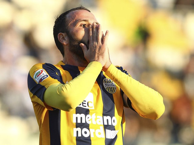 Giampaolo Pazzini of Hellas Verona FC reacts to a missed chance during the Serie A match between Carpi FC and Hellas Verona FC at Alberto Braglia Stadium on November 1, 2015