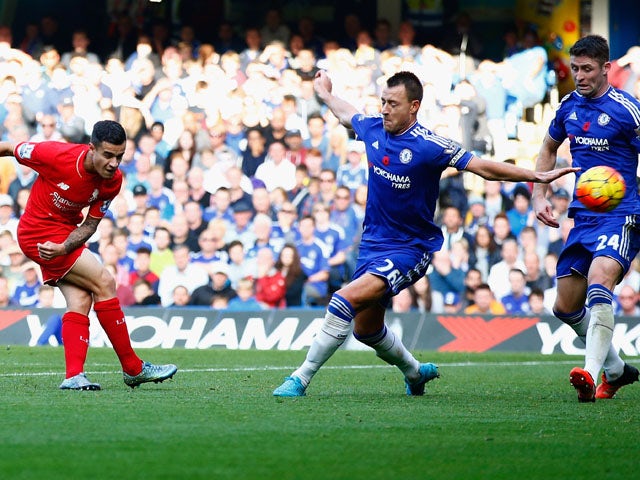Philippe Coutinho of Liverpool scores his team's second goal during the Barclays Premier League match between Chelsea and Liverpool at Stamford Bridge on October 31, 2015