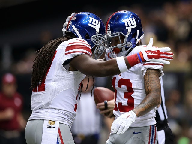 Dwayne Harris #17 celebrates with Odell Beckham #13 of the New York Giants following a touchdown against the New Orleans Saints during the first quarter of a game at the Mercedes-Benz Superdome on November 1, 2015