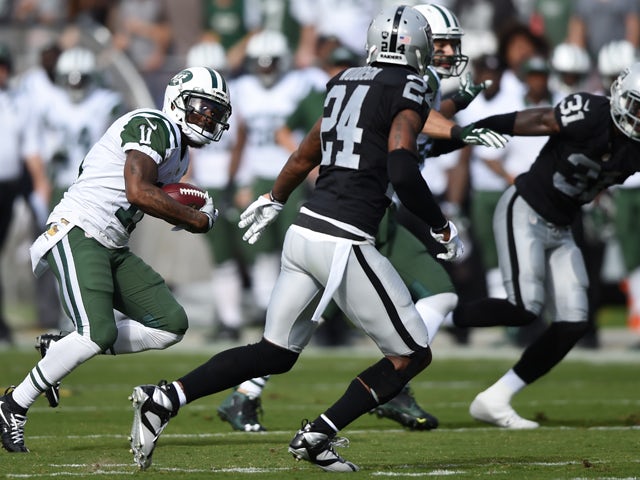 Jeremy Kerley #11 of the New York Jets makes a catch for 23-yards against the Oakland Raiders during their NFL game at O.co Coliseum on November 1, 2015