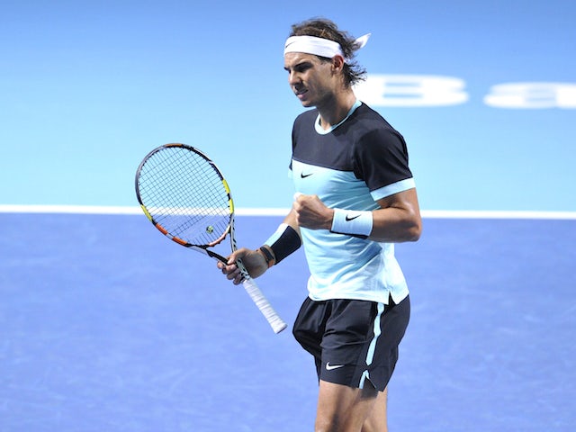 Rafael Nadal of Spain celebrates a point during the Swiss Indoors ATP 500 tennis tournament opening match against Lukas Rosol of Czech Republic at St Jakobshalle on October 26, 2015 in Basel, Switzerland. 