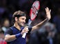 Roger Federer of Switzerland celebrates his victory following the sixth day of the Swiss Indoors ATP 500 tennis tournament against Jack Sock of US at St Jakobshalle on October 31, 2015 in Basel, Switzerland. 