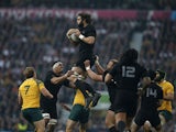 New Zealand's lock Sam Whitelock (C) catches the ball in a line out during the final match of the 2015 Rugby World Cup between New Zealand and Australia at Twickenham stadium, south west London, on October 31, 2015