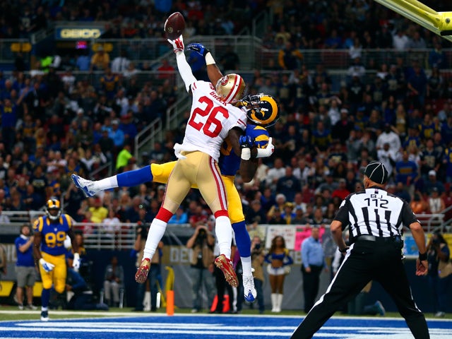 Tramaine Brock #26 of the San Francisco 49ers breaks up a pass intended for Kenny Britt #18 of the St. Louis Rams in the second quarter at the Edward Jones Dome on November 1, 2015