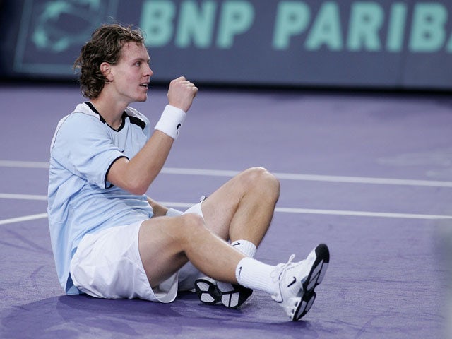 Tomas Berdych of the Czech Republic gestures as he celebrates match-point against Ivan Ljubicic of Croatia in the final of the BNP Paribas ATP Masters Series on November 6, 2005