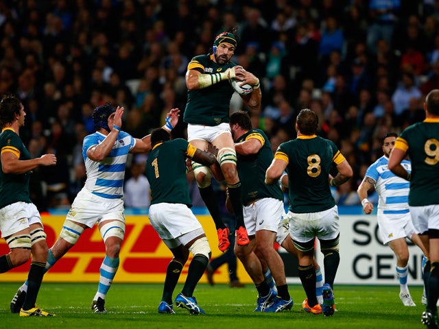 Victor Matfield of South Africa wins the line out ball during the 2015 Rugby World Cup Bronze Final match between South Africa and Argentina at the Olympic Stadium on October 30, 2015