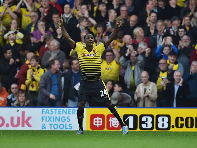 Odion Ighalo of Watford celebrates scoring his team's second goal during the Barclays Premier League match between Watford and West Ham United at Vicarage Road on October 31, 2015