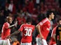 Benfica's Brazilian defender Luisao (L) celebrates after scoring a goal during the UEFA Champions League football match SL Benfica v Galatasaray AS at the Luz stadium in Lisbon on November 3, 2015