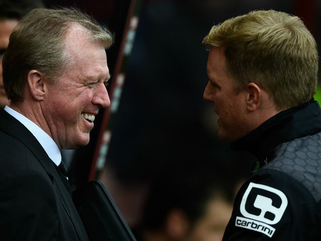 Steve McClaren manager of Newcastle United and Eddie Howe Manager of Bournemouth greet prior to the Barclays Premier League match between A.F.C. Bournemouth and Newcastle United at Vitality Stadium on November 7, 2015 in Bournemouth, England.