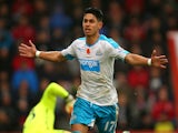Ayoze Perez of Newcastle United celebrates scoring his team's first goal during the Barclays Premier League match between A.F.C. Bournemouth and Newcastle United at Vitality Stadium on November 7, 2015 in Bournemouth, England.