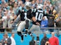 Cam Newton #1 and Corey Brown #10 of the Carolina Panthers celebrate after Brown's second quarter touchdown against the Green Bay Packers during their game at Bank of America Stadium on November 8, 2015