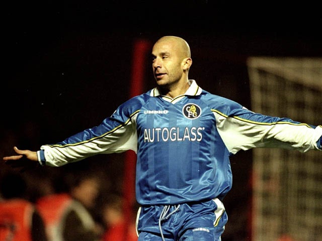 Chelsea player/manager Gianluca Vialli celebrates his goal during the Worthington Cup fourth round match against Arsenal at Highbury in London on 11 November, 1998