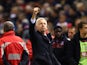 Alan Pardew, Manager of Crystal Palace celebrates towards the fans following the Barclays Premier League match between Liverpool and Crystal Palace at Anfield on November 8, 2015