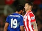 Diego Costa of Chelsea and Geoff Cameron of Stoke City argue during the Barclays Premier League match between Stoke City and Chelsea at Britannia Stadium on November 7, 2015 in Stoke on Trent, England.