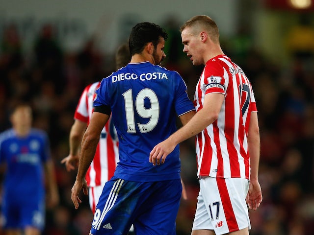 Diego Costa of Chelsea and Ryan Shawcross of Stoke City argue during the Barclays Premier League match between Stoke City and Chelsea at Britannia Stadium on November 7, 2015 in Stoke on Trent, England.