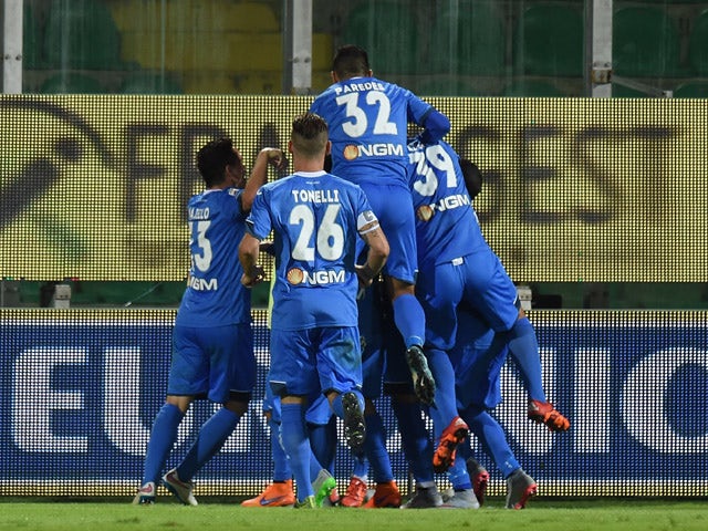 Riccardo Saponara celebrates with team mates after scoring the opening goal during the Serie A match between US Citta di Palermo and Empoli FC at Stadio Renzo Barbera on November 2, 2015