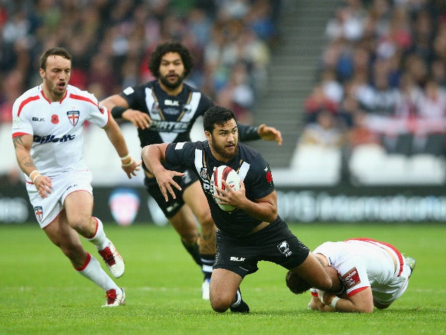 Peta Hiku of New Zealand is brought down during the International Rugby League Test Series match between England and New Zealand at the Olympic Stadium on November 7, 2015 in London, England.