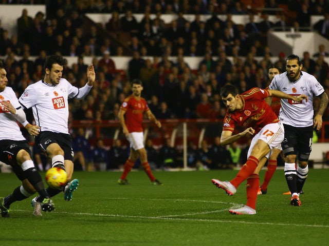 Nelson Oliveira of Nottingham Forest (17) scores their first goal during the Sky Bet Championship match between Nottingham Forest and Derby County at City Ground on November 6, 2015 in Nottingham, England.
