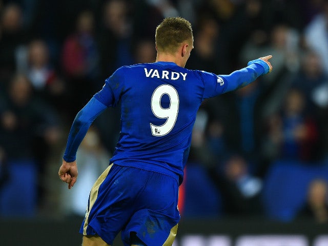Jamie Vardy of Leicester City celebrates scoring his team's second goal during the Barclays Premier League match between Leicester City and Watford at The King Power Stadium on November 7, 2015 in Leicester, England.
