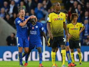 Ngolo Kante (2nd L) of Leicester City celebrates scoring his team's first goal with his team mate Danny Drinkwater (1st L) during the Barclays Premier League match between Leicester City and Watford at The King Power Stadium on November 7, 2015 in Leicest