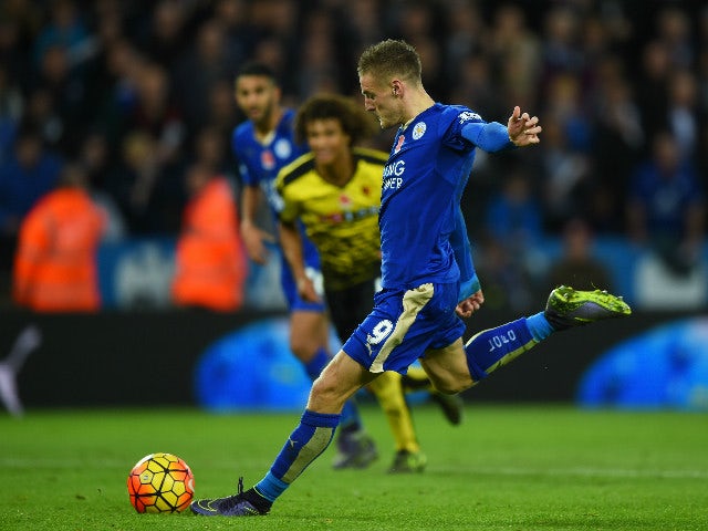 Jamie Vardy of Leicester City scores his team's second goal from the penalty spot during the Barclays Premier League match between Leicester City and Watford at The King Power Stadium on November 7, 2015 in Leicester, England.