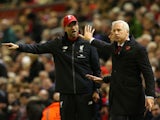 Jurgen Klopp, Manager of Liverpool argues with Alan Pardew, Manager of Crystal Palace during the Barclays Premier League match between Liverpool and Crystal Palace at Anfield on November 8, 2015