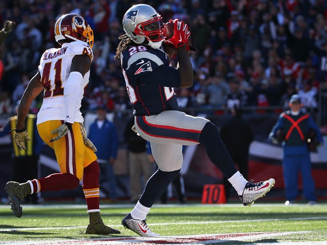 LeGarrette Blount #29 of the New England Patriots scores a touchdown against the Washington Redskins during the first quarter at Gillette Stadium on November 8, 2015