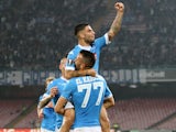Omar El Kaddouri and Lorenzo Insigne of Napoli celebrate a goal 1-0 scored by Omar El Kaddouri during the UEFA Europa League Group D match between SSC Napoli and FC Midtjylland at Stadio San Paolo on November 5, 2015 in Naples, Italy.