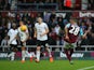 Manuel Lanzini (1st R) of West Ham United scores his team's first goal during the Barclays Premier League match between West Ham United and Everton at Boleyn Ground on November 7, 2015 in London, England. 