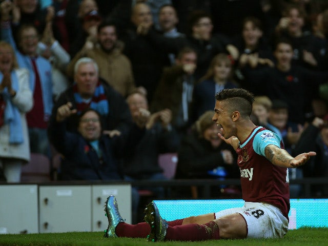 Manuel Lanzini of West Ham United celebrates scoring his team's first goal during the Barclays Premier League match between West Ham United and Everton at Boleyn Ground on November 7, 2015 in London, England.
