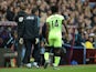 Manchester City's Ivorian striker Wilfried Bony (R) walks off the pitch after hurting his hamstring during the English Premier League football match between Aston Villa and Manchester City at Villa Park in Birmingham, central England on November 8, 2015. 