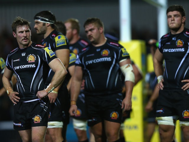 Will Chudley (L) of Exeter Chiefs alongside Luke Cowan-Dickie (C) and Ian Whitten (R) during the Aviva Premiership match between Exeter Chiefs and Leicester Tigers at Sandy Park on November 7, 2015 in Exeter, England. 