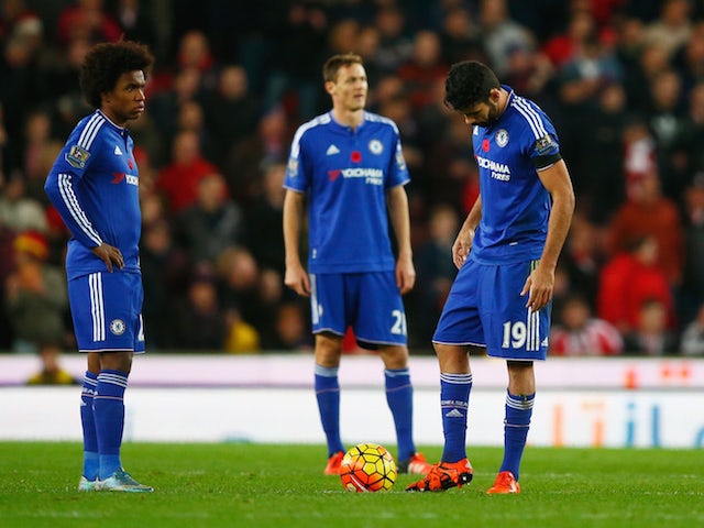 Willian (L) and Diego Costa (R) of Chelsea show their dejection after conceding the first goal to Stoke City during the Barclays Premier League match between Stoke City and Chelsea at Britannia Stadium on November 7, 2015 in Stoke on Trent, England.