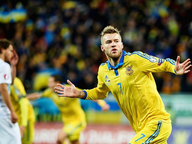 Andriy Yarmolenko from Ukraine celebrates after scoring the first goal during the UEFA EURO 2016 Play-off for Final Tournament, First leg between Ukraine and Slovenia at Lviv Arena on November 14, 2015 in Lviv, Ukraine.