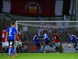 Gboly Ariyibi of Chesterfield (28) celebrates as he scores their first goal during the Emirates FA Cup first round match between FC United of Manchester and Chesterfield at Broadhurst Park on November 9, 2015