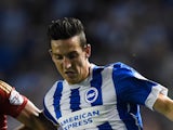 Lewis Dunk of Brighton is challenged by Eric Lichaj of Nottingham Forest during the Sky Bet Championship match between Brighton & Hove Albion and Nottingham Forest at Amex Stadium on August 7, 2015