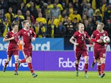 Denmark 19 Nicolai Jorgensen celebrates scoring during a European Qualifier Play-Off between Sweden and Denmark on November 14, 2015 in Solna, Sweden.