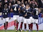French midfielder Blaise Matuidi, French defender Raphael Varane, French midfielder Paul Pogba, French forward Olivier Giroud, French midfielder Antoine Griezmann and French defender Bacary Sagna celebrate after Giroud opened the scoring during a friendly