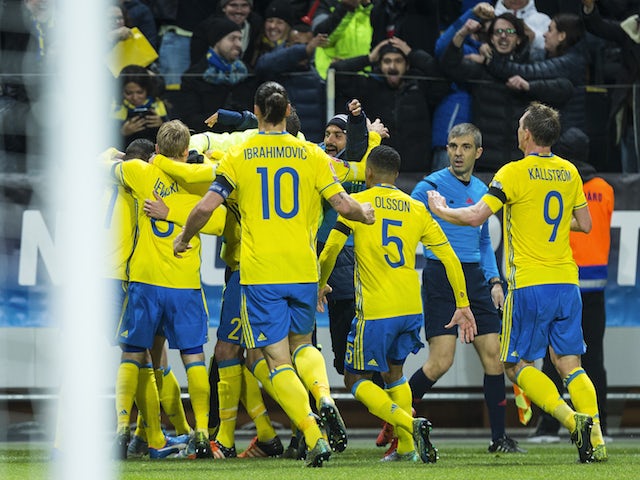 Sweden celebrates scoring the opening goal during the European Qualifier Play-Off between Sweden and Denmark on November 14, 2015 in Solna, Sweden.