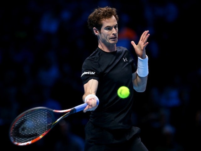 Andy Murray plays a forehand during his ATP World Tour Finals match against Rafael Nadal at the O2 Arena in London on November 18, 2015
