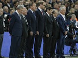 England manager Roy Hodgson, (L) British Prime Minister David Cameron (3rd L), Britain's Prince William (4th L) and France's coach Didier Deschamps (R) are pictured as they observe a minute's silence before the start of the friendly football match between
