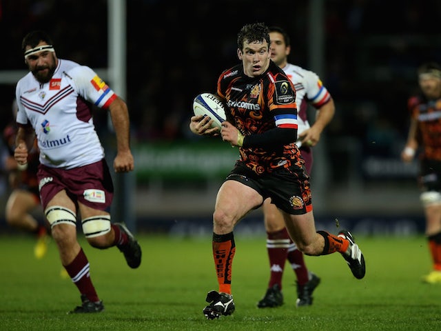 Ian Whitten of Exeter makes a break during the European Rugby Champions Cup match between Exeter Chiefs and Bordeaux-Begles at Sandy Park on November 21, 2015 in Exeter, England.