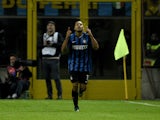 Inter Milan's forward from France Jonathan Biabiany celebrates after scoring during the Italian Serie A football match Inter Milan vs Frosinone on November 22, 2015