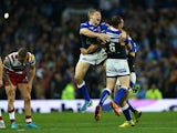 Jimmy Keinhorst of the Leeds Rhinos celebrates at the final whistle with team mate and man of the match Danny McGuire during the First Utility Super League Grand Final between Wigan Warriors and Leeds Rhinos at Old Trafford on October 10, 2015