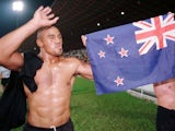 Jonah Lomu of New Zealand celebrates winning Commonwealth gold in the Rugby 7's on August 12, 1998
