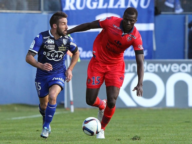 Bastia's French defender Julian Palmieri (L) vies with Ajaccio's French-Senegalese defender Kader Mangane during the L1 football match Bastia (SCB) against Gazelec Ajaccio (GFCA) on November 21, 2015, at the Armand Cesari stadium in Bastia, on the French 