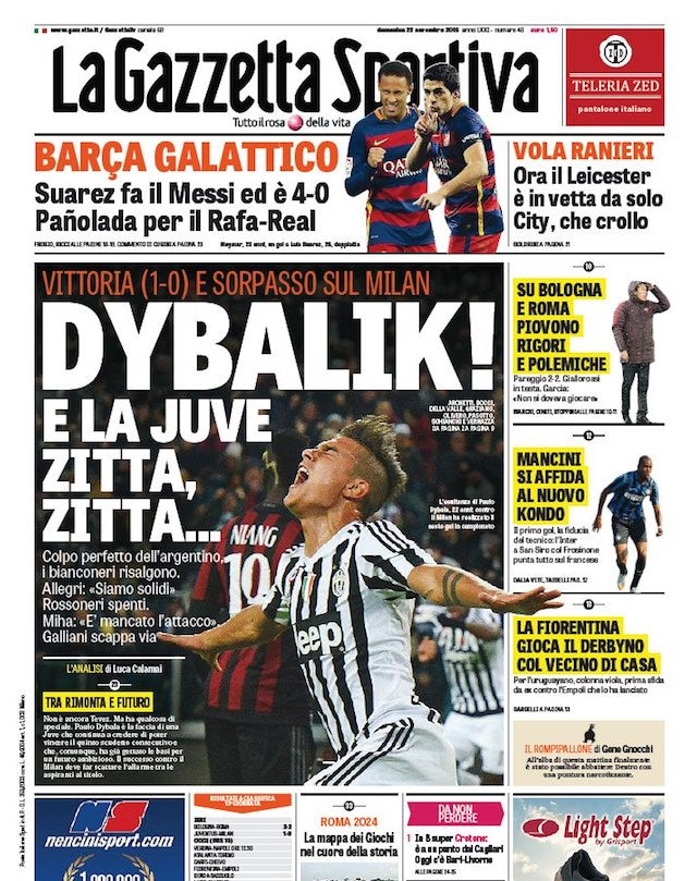 La Gazetta dello Sport front page for November 22, 2015