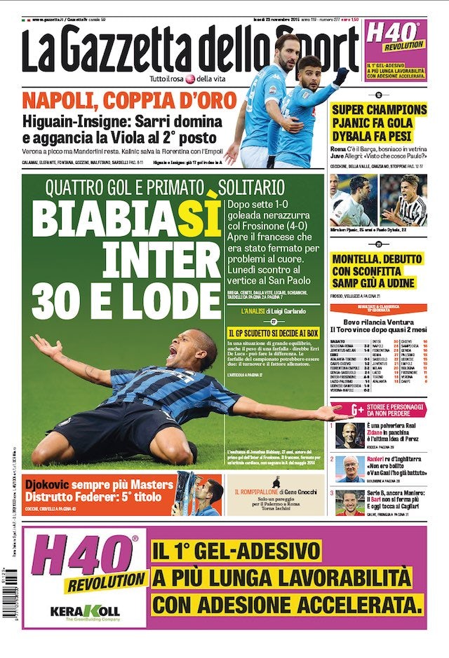 La Gazzetta dello Sport front page for November 23, 2015